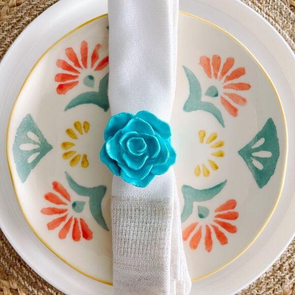 Elegant Rose Napkin Rings – Cyan Blue - Handmade - Wedding Party Event Planner - Picture 5 of 13